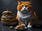 Chubby ginger cat sitting next to a hamburger. Ai Generated