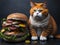 Chubby ginger cat sitting next to a hamburger. Ai Generated