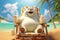 Chubby panda sitting beach chair at summer season. Generative AI