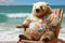 Chubby panda sitting beach chair at summer season. Generative AI