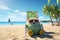 Chubby pet sitting beach chair at summer season. Generative AI