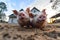 Chubby Piglets Snuggling in Mud Puddle at Farmhouse