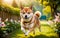 A chubby Shiba dog Inu is happily running in the garden!