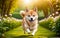 A chubby Shiba dog Inu is happily running in the garden!