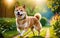 A chubby Shiba dog Inu is happily running in the garden!