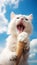 Chubby White Short-Haired Cat Eating Ice Cream on Sky Background. Generative ai