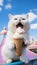 Chubby White Short-Haired Cat Eating Ice Cream on Sky Background. Generative ai