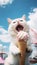 Chubby White Short-Haired Cat Eating Ice Cream on Sky Background. Generative ai