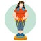 Chubby woman on scales measuring waist with measuring tape. Ideal for training and educational