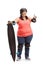 Chubby young woman with protective gear and a longboard showing thumbs up