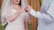 During the chuppah ceremony, a Jewish bride and groom in a synagogue, the groom puts a  ring on the bride`s index finger for a fac