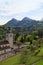 Church and Alps mountains, Gruyeres, Switzerland