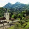 Church and Alps mountains, Gruyeres, Switzerland