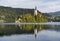 Church of the assumption of Mary in the island of Bled lake, Slovenia, with reflects in the water