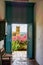 Church of Barichara framed by the door of old colonial house in Satander, Colombia