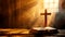 Church bright light background with holy bible and the cross of salvation of Jesus Christ