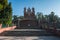 Church of the Calvary of Metepec, Mexico, painted white with red that is located in the Cerro de los Magueyes