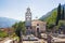 Church with churchyard. Montenegro, Orthodox church of St. Peter of Cetinje in Prcanj town