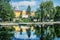Church and convent in Tapolca is mirroring in the water level of