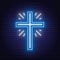 Church cross neon sign. Glowing symbol of the crucifixion