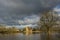 Church and flooded fields with reflexions near Tewkesbury.