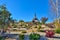 Church garden on stony terraces of hill, fortified by gabions