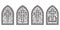 Church glass windows. Stained mosaic catholic and christian frames with cross. Vector outline gothic medieval arches