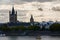 Church of Great St. Martin and other Cologne buildings seen from the other side of the Rhine river, Germany