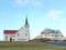A Church of Grundarfjordur Town and the Famous Kirkjufell Mountain, Iceland
