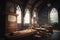 Church interior with wooden floor and chairs. Generative AI