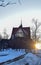 Church of Kiruna in winter during sunset. Kiruna church and is one of Sweden's largest wooden church buildings.