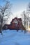 Church of Kiruna in winter during sunset. Kiruna church and is one of Sweden's largest wooden church buildings.