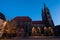 Church with lighted tree in the foreground