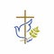 Church logo. Christian symbols. Cross, dove and olive branch.