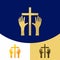 Church logo. Christian symbols. The cross of Jesus Christ, the hands that worship the Lord and glorify the Savior