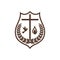 Church logo. Christian symbols. The cross of Jesus and the dove in the background of the shield