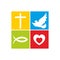 Church logo. Christian symbols. The cross of Jesus, the dove is the Holy Spirit, the fish is the sign of Christ and the heart