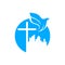 Church logo. Christian symbols. The cross of Jesus and the dove over the city.