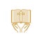 Church logo. Christian symbols. Hands hold an open bible and a cross with the crown of thorns of Jesus Christ