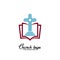 Church logo. Christian symbols. A staircase leading to the cross of Christ against the backdrop of an open bible