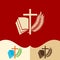 Church logo. Cristian symbols. Cross of Jesus, open bible and palm branch.