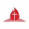 Church logo. The open bible and the cross of Jesus against the background of fire