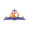 Church logo. Open Bible, the cross of Jesus and Alpha and Omega.