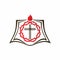 Church logo. The open pages of the Bible, the crown of thorns and the cross of Jesus Christ with the flame of the Holy Spirit