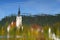 The Church of Mary the Queen mirrored in the water of Lake Bled in autumn.