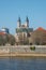 Church and monastery of Our Ladies at early Spring in historical downtown and city center of Magdeburg, Germany, sunny day, blue