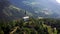 Church of the monks in the mountains of europe dolomites dawn mist aerial footage drone