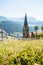 Church on a mountain overlooking valley in Villandro, Dolomites, Italy