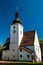 Church of the Nativity of the Virgin Mary Cetviny Zettwing czech village. Sunny summer day with white chapel cathedral. Sumava,