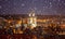 Church of Our Lady in Prague, aerial view, snowing, night lights, Czech Republic